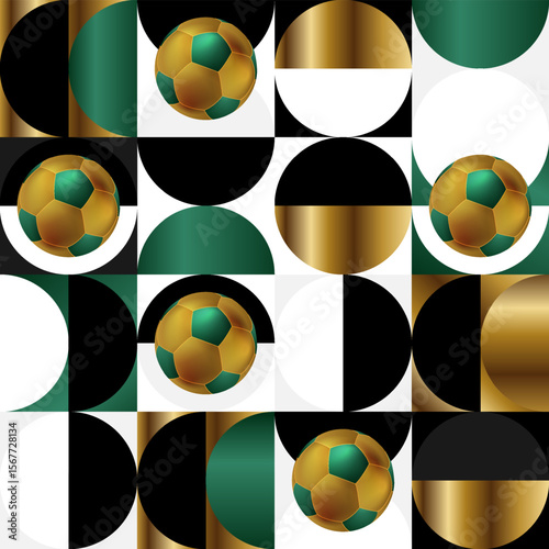 Geometric abstract football background in gold and green with semi-circles and soccer ball. Vector 2026 pattern design