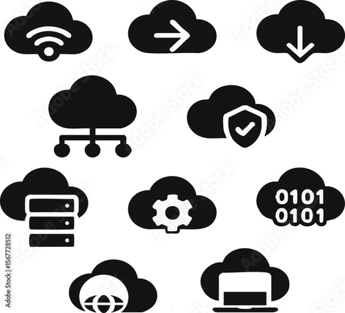 Cloud Computing Icons Set Data Storage Security Networking and Connectivity Solutions in Modern