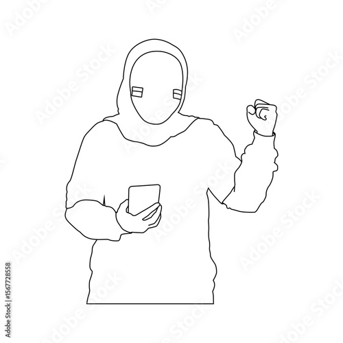 Outline Illustration of Woman in Hijab Using Phone with Raised Fist, Minimalist Line Art of Modest Female Figure Celebrating with Smartphone