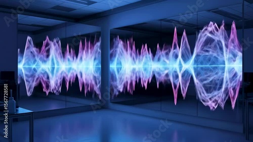 Vibrant soundwave visualization in a modern laboratory setting with reflective surfaces and equipment