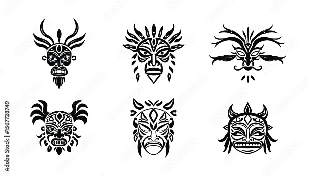 Fototapeta premium Vector Illustration of Tribal Mask Faces Silhouette Icon Collection