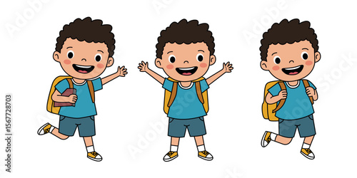 Happy Cartoon Boy with Backpack in Various Cheerful Poses