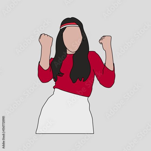 Young Woman in Red and White Celebrating Indonesian Independence, Patriotic Girl with Clenched Fists for National Day
