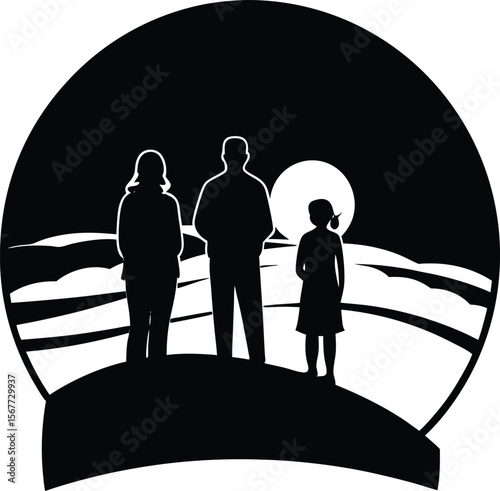 Silhouette of family in a snow globe looking at the moon