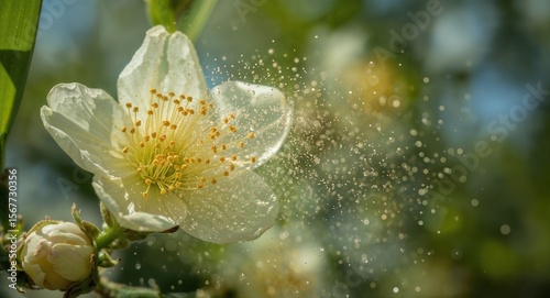 Close up of a white flower with yellow center and a bud with pollen in the air on a sunny day