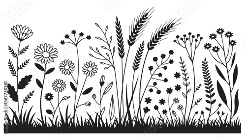 Black silhouette vector design featuring grass and flowers with a natural floral pattern
