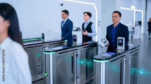 Group of professionals passing through modern security turnstiles in a sleek office environment