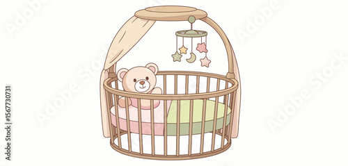 Adorable Baby Crib with Teddy Bear and Mobile