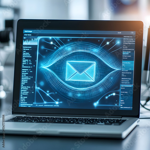 Image of Laptop Screen Showing Digital Eye with Email Icon Representing Email Surveillance and Cybersecurity