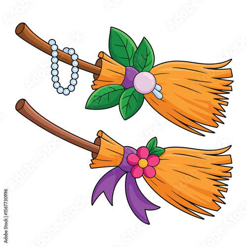 Two Cartoon Witch Broomsticks with Floral and Pearl Decorations