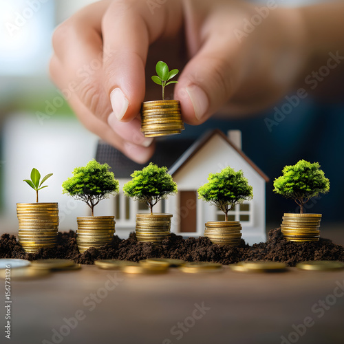Growing Real Estate Investment Concept with Coins, Plants and House Model