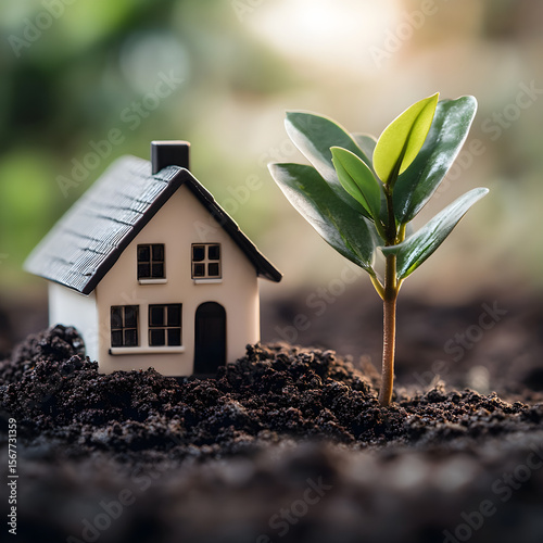 Miniature House and Green Plant Growing in Soil Symbolizing Sustainable Real Estate Growth