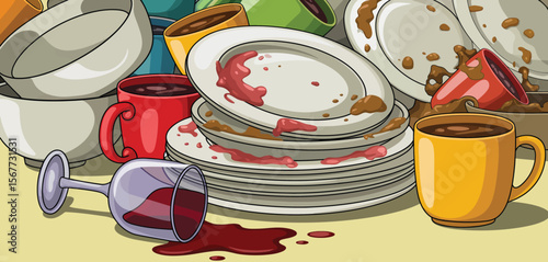 Pile of Dirty Dishes and Cups After a Party