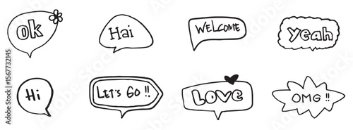 Handwritten text dialog text bubbles, Speech bubble doodle with short messages on white background. Vector illustration