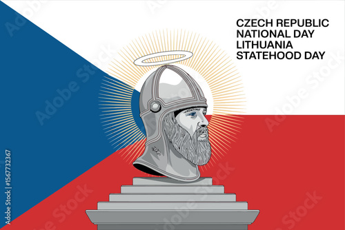 Czech Republic and Lithuania National Day Monument Illustration with Flags and Warrior Helmet