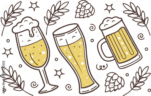 Hand Drawn Beer Glasses and Wheat Illustration on White Background