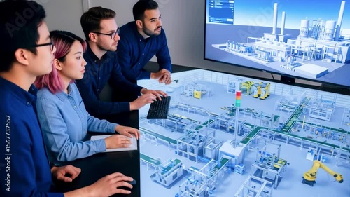 Team of engineers collaborating on a digital factory model, analyzing industrial processes in a modern office