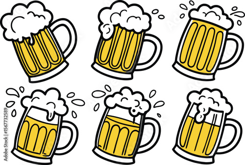 Cartoon Beer Mugs with Foam and Bubbles in a Group of Six