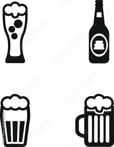 Beer Icons Set Bottle Glass Mug Pint Black and White