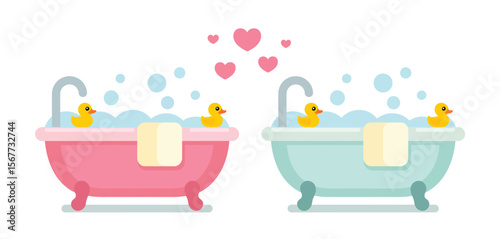 Cute Cartoon Bathtubs with Rubber Ducks and Foam