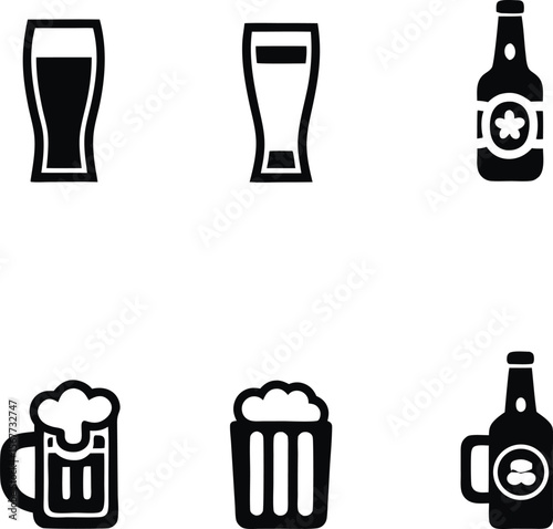 Black and White Beer Icons Glasses Mugs and Bottles Illustration
