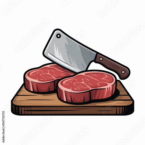 Sliced Raw Steak on Wooden Cutting Board with Butcher Knife