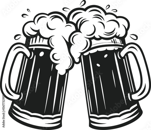 Two beer mugs toasting with foam in a black and white illustration