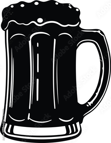Black and white illustration of a beer mug with foam