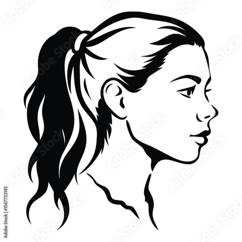 Stylized black and white vector portrait of a young woman in profile view with ponytail hairstyle, perfect for beauty, fashion, and design themes

