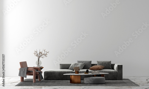 Modern home and luxury living room with cozy sofa decoration and side table and empty white pattern wall background. 3d render.
