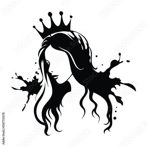 Bold silhouette of a crowned woman with flowing hair and ink splashes, ideal for fashion, tattoos, or art prints. Striking black and white vector design with a modern, regal vibe