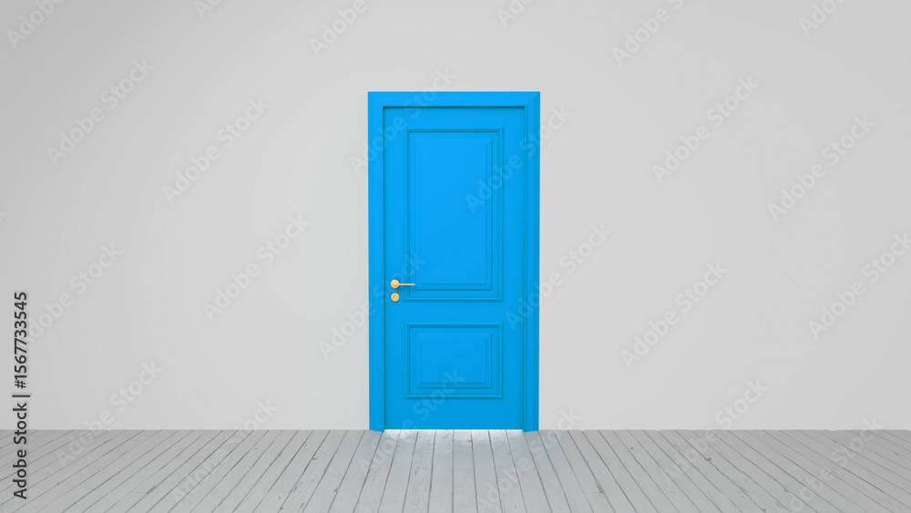 Fototapeta premium Light is entering a white room with wooden floor from a blue, closed double door with golden handle in a minimalist and surreal concept image