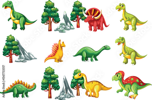 Cartoon Dinosaurs and Landscape Elements Isolated on a White Background