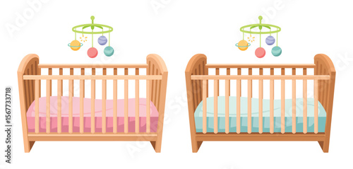 Two Baby Cribs with Mobile Decorations