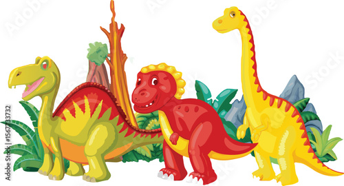 Cartoon Dinosaurs in a Prehistoric Landscape with Trees and Plants
