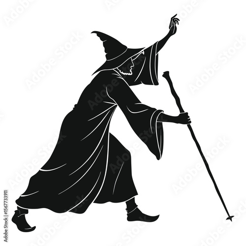 Silhouette of a wizard casting a spell with a staff, wearing a flowing robe and pointed hat. Perfect for fantasy art, magical themes, and mystical designs