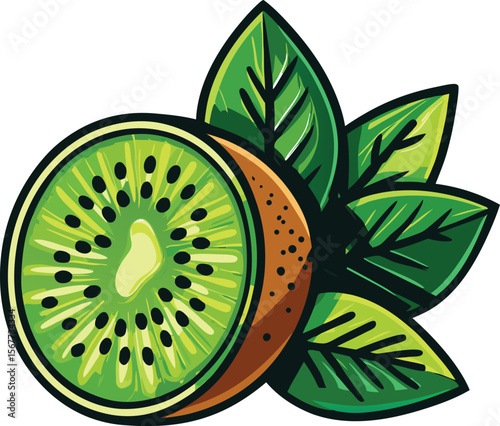 Illustration of a sliced kiwi fruit with green leaves isolated on white