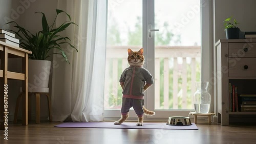 Ginger Cat in Tracksuit Finishing Stretch and Looking Proudly Around on Yoga Mat in Bright Room