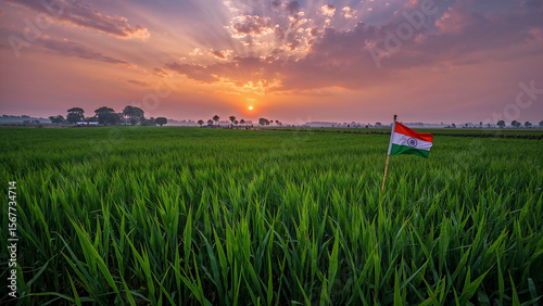 indian  paddy field with Indian flag