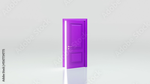 Slightly opened purple door on a white background with light coming through the doorway, representing opportunity, new beginnings, and hope