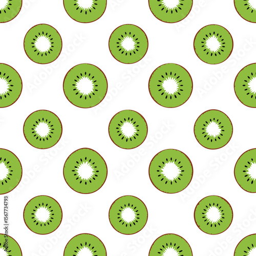 Seamless Pattern of Fresh Kiwi Fruit Slices on White Background