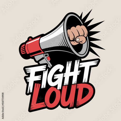 Fist punching out of a megaphone with the words fight loud symbolizing protest and activism with a powerful message of resistance and vocalization