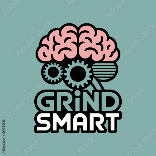 Stylized graphic featuring a pink brain with gears and the text grind smart in bold lettering on a muted teal background symbolizing intelligence and efficient work
