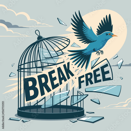 A blue bird breaks free from a shattered birdcage with the words break free emblazoned across the scene symbolizing liberation and escape