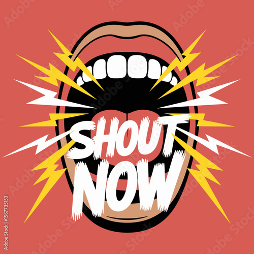 A vibrant graphic illustration of a wide open mouth shouting the words shout now with stylized lightning bolts emanating outwards
