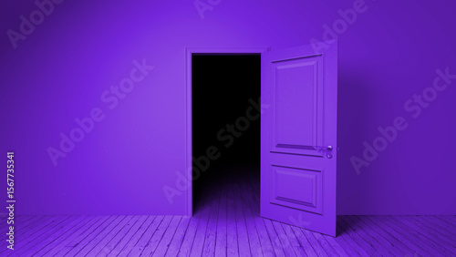 Ajar purple door revealing a dark interior within an empty purple room, showcasing a vibrant wooden floor and creating a captivating, mysterious atmosphere filled with suspense