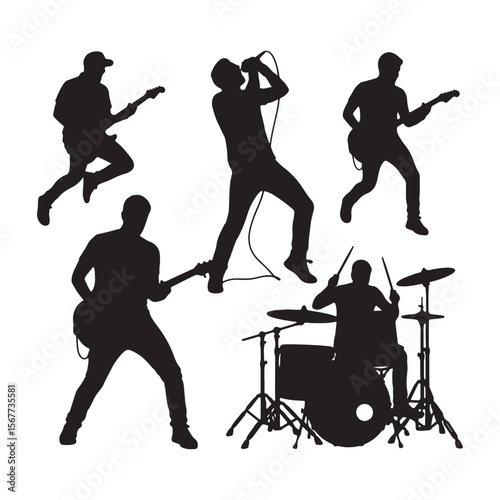 Black silhouettes of musicians performing on stage band rock