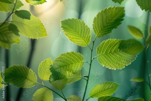 Backlit fresh green leaves growing on branches in spring, creating a peaceful and vibrant natural scene