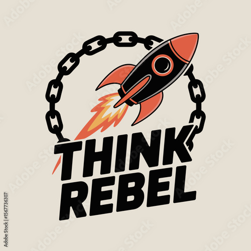 Think rebel rocket launch concept art for innovation and creativity with chain illustration design vector artwork on transparent background