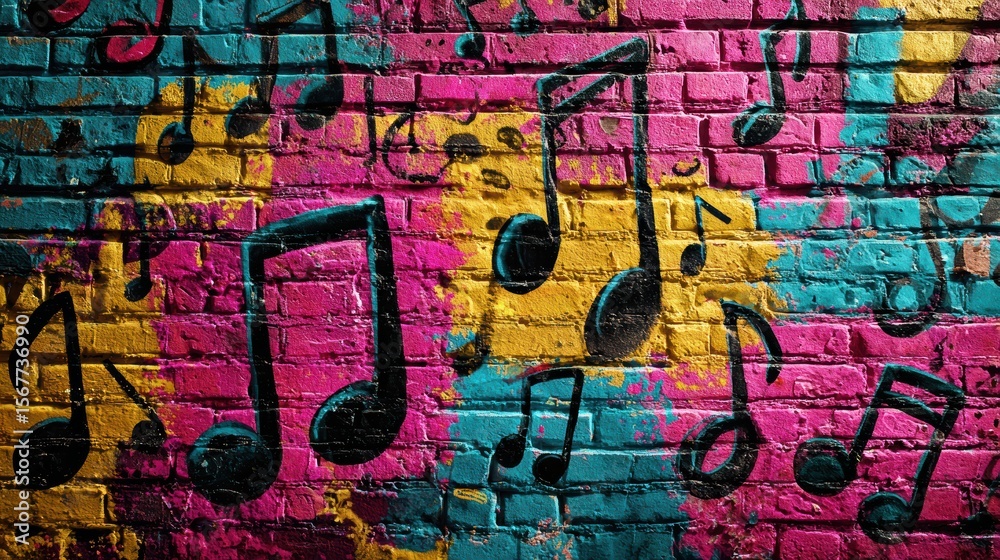 Fototapeta premium Vibrant graffiti art of musical notes painted on a colorful brick wall with pink, blue, and yellow splashes.
